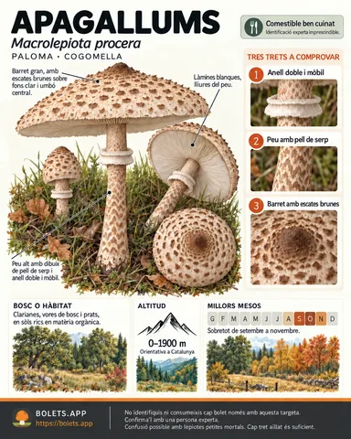 Targeta de camp del Apagallums amb il·lustracions, comestibilitat, trets d’identificació, temporada, hàbitat i advertiment de seguretat.