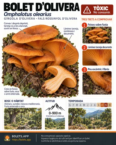 Targeta de camp del Bolet d’olivera amb il·lustracions, comestibilitat, trets d’identificació, temporada, hàbitat i advertiment de seguretat.