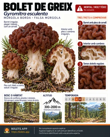 Targeta de camp del Bolet de greix amb il·lustracions, comestibilitat, trets d’identificació, temporada, hàbitat i advertiment de seguretat.