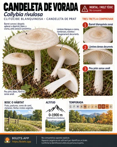 Targeta de camp del Candeleta de vorada amb il·lustracions, comestibilitat, trets d’identificació, temporada, hàbitat i advertiment de seguretat.