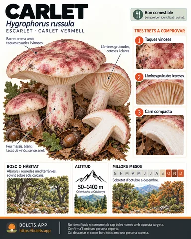 Targeta de camp del Carlet amb il·lustracions, comestibilitat, trets d’identificació, temporada, hàbitat i advertiment de seguretat.
