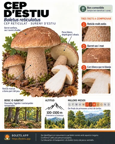 Targeta de camp del Cep d’estiu amb il·lustracions, comestibilitat, trets d’identificació, temporada, hàbitat i advertiment de seguretat.
