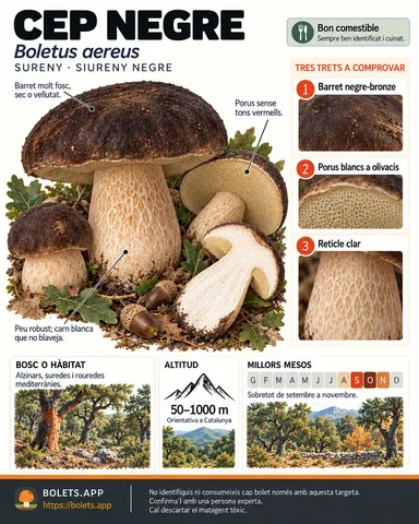 Targeta de camp del Cep negre amb il·lustracions, comestibilitat, trets d’identificació, temporada, hàbitat i advertiment de seguretat.
