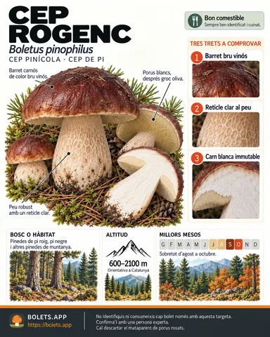 Targeta de camp del Cep rogenc amb il·lustracions, comestibilitat, trets d’identificació, temporada, hàbitat i advertiment de seguretat.