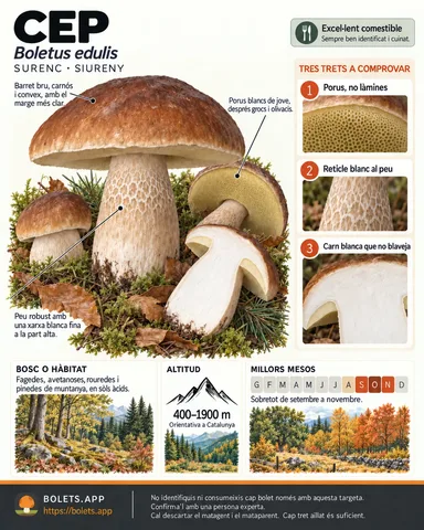 Targeta de camp del Cep amb il·lustracions, comestibilitat, trets d’identificació, temporada, hàbitat i advertiment de seguretat.