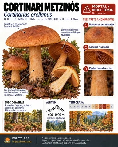 Targeta de camp del Cortinari metzinós amb il·lustracions, comestibilitat, trets d’identificació, temporada, hàbitat i advertiment de seguretat.