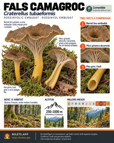 Targeta de camp del Fals camagroc amb il·lustracions, comestibilitat, trets d’identificació, temporada, hàbitat i advertiment de seguretat.