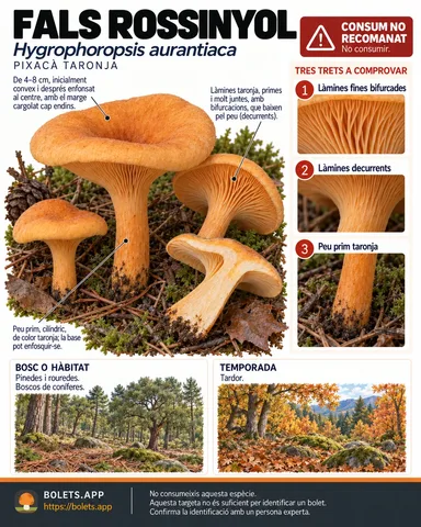 Targeta de camp del Fals rossinyol amb il·lustracions, comestibilitat, trets d’identificació, temporada, hàbitat i advertiment de seguretat.