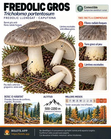 Targeta de camp del Fredolic gros amb il·lustracions, comestibilitat, trets d’identificació, temporada, hàbitat i advertiment de seguretat.