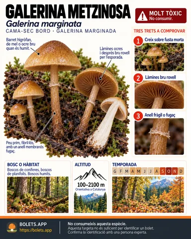 Targeta de camp del Galerina metzinosa amb il·lustracions, comestibilitat, trets d’identificació, temporada, hàbitat i advertiment de seguretat.