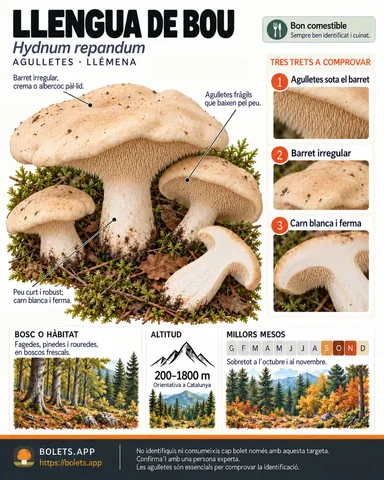 Targeta de camp del Llengua de bou amb il·lustracions, comestibilitat, trets d’identificació, temporada, hàbitat i advertiment de seguretat.
