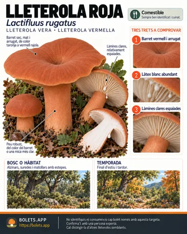 Targeta de camp del Lleterola roja amb il·lustracions, comestibilitat, trets d’identificació, temporada, hàbitat i advertiment de seguretat.
