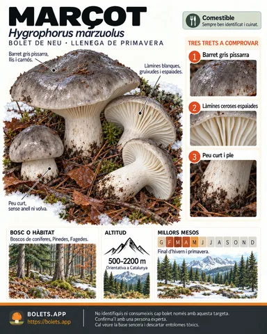 Targeta de camp del Marçot amb il·lustracions, comestibilitat, trets d’identificació, temporada, hàbitat i advertiment de seguretat.