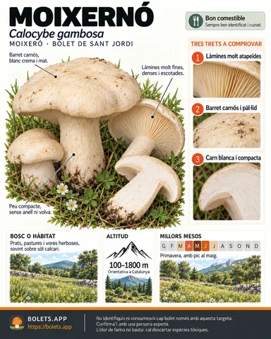 Targeta de camp del Moixernó amb il·lustracions, comestibilitat, trets d’identificació, temporada, hàbitat i advertiment de seguretat.
