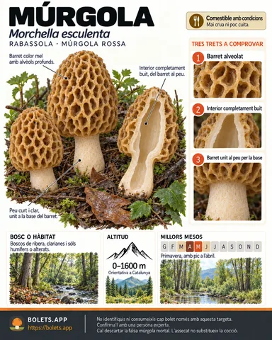 Targeta de camp del Múrgola amb il·lustracions, comestibilitat, trets d’identificació, temporada, hàbitat i advertiment de seguretat.