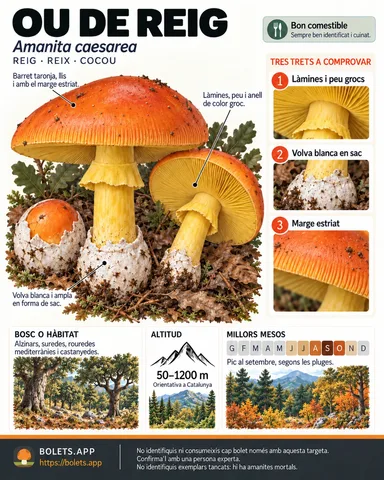 Targeta de camp del Ou de reig amb il·lustracions, comestibilitat, trets d’identificació, temporada, hàbitat i advertiment de seguretat.