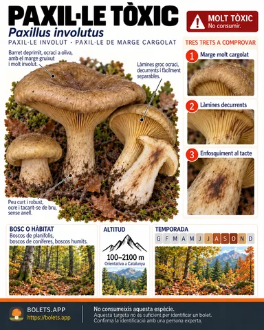 Targeta de camp del Paxil·le tòxic amb il·lustracions, comestibilitat, trets d’identificació, temporada, hàbitat i advertiment de seguretat.