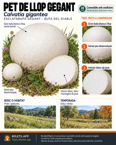 Targeta de camp del Pet de llop gegant amb il·lustracions, comestibilitat, trets d’identificació, temporada, hàbitat i advertiment de seguretat.
