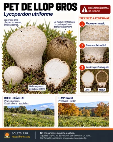 Targeta de camp del Pet de llop gros amb il·lustracions, comestibilitat, trets d’identificació, temporada, hàbitat i advertiment de seguretat.