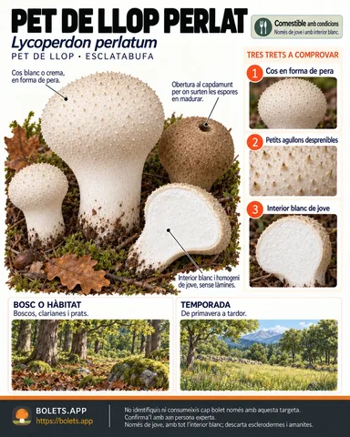Targeta de camp del Pet de llop perlat amb il·lustracions, comestibilitat, trets d’identificació, temporada, hàbitat i advertiment de seguretat.