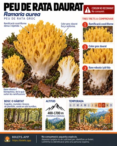Targeta de camp del Peu de rata daurat amb il·lustracions, comestibilitat, trets d’identificació, temporada, hàbitat i advertiment de seguretat.