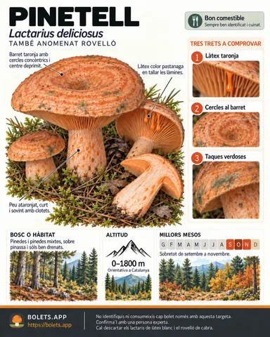 Targeta de camp del Pinetell amb il·lustracions, comestibilitat, trets d’identificació, temporada, hàbitat i advertiment de seguretat.