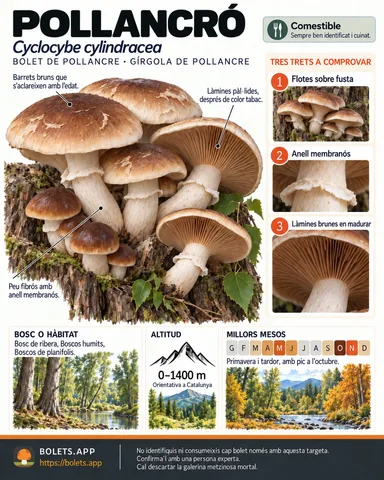 Targeta de camp del Pollancró amb il·lustracions, comestibilitat, trets d’identificació, temporada, hàbitat i advertiment de seguretat.