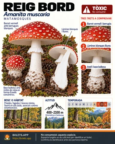 Targeta de camp del Reig bord amb il·lustracions, comestibilitat, trets d’identificació, temporada, hàbitat i advertiment de seguretat.