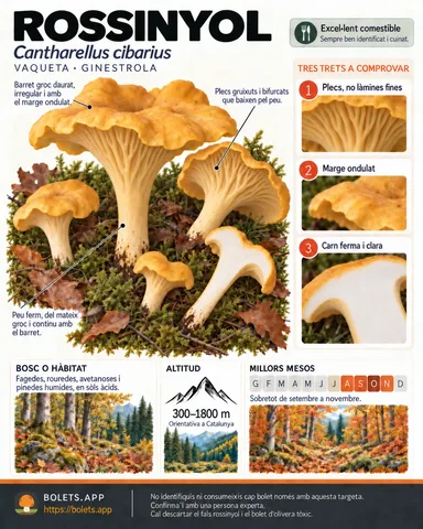 Targeta de camp del Rossinyol amb il·lustracions, comestibilitat, trets d’identificació, temporada, hàbitat i advertiment de seguretat.