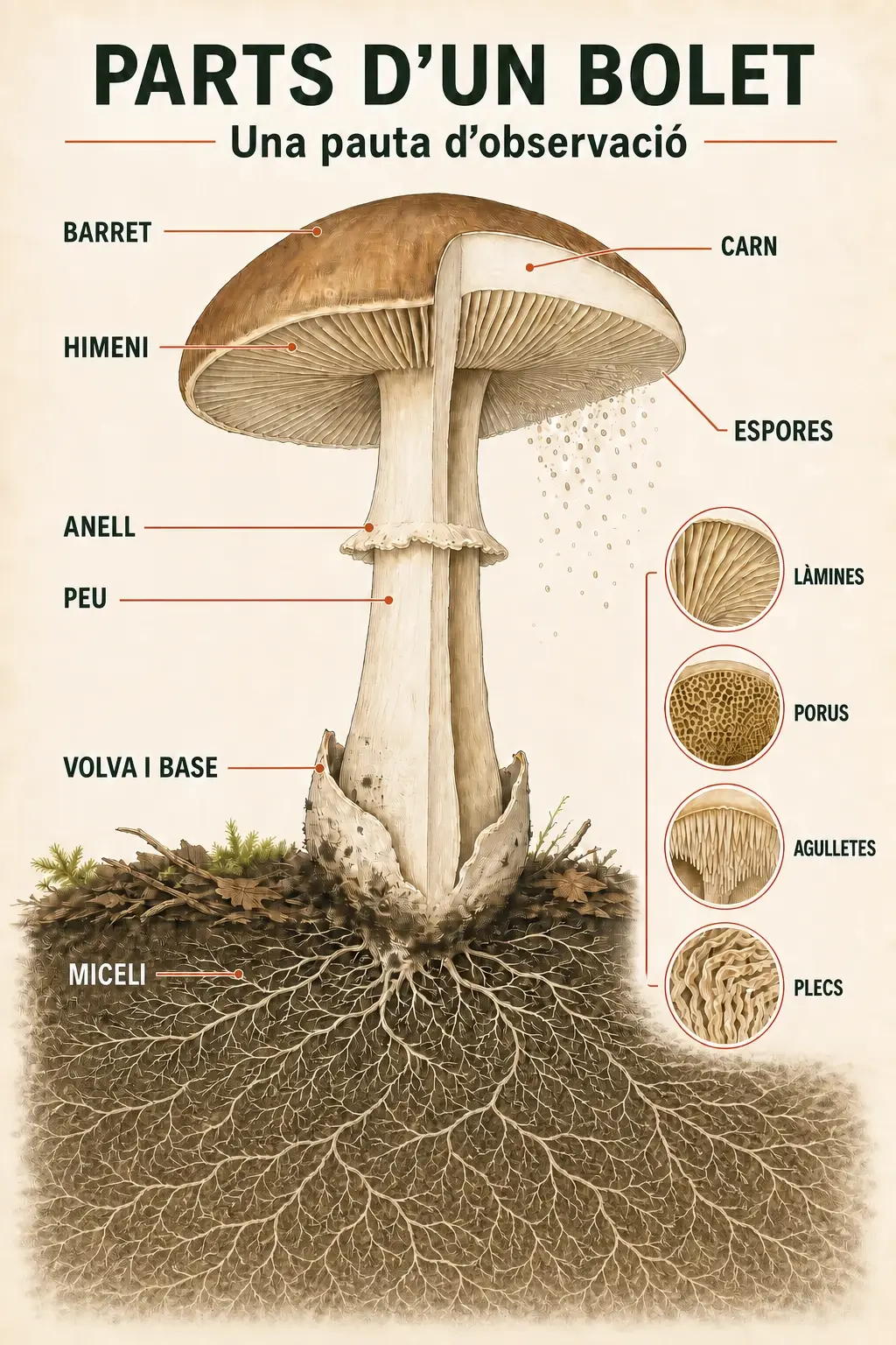 Infografia anatòmica d’un bolet en tall, amb barret, carn, himeni, espores, anell, peu, volva, base i miceli; també compara làmines, porus, agulletes i plecs.
