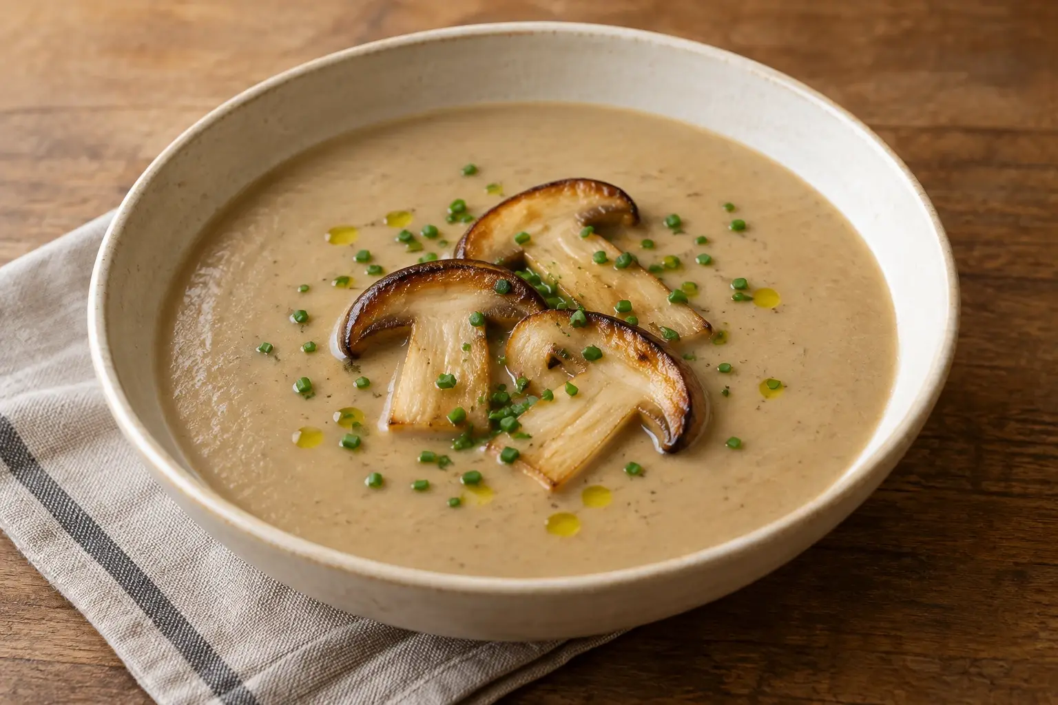 Crema fina de ceps amb làmines de cep saltades i cibulet, en un bol de ceràmica.