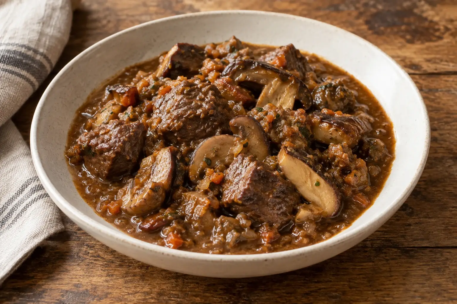 Estofat de vedella a daus amb bolets i salsa de sofregit, en un plat fondo.