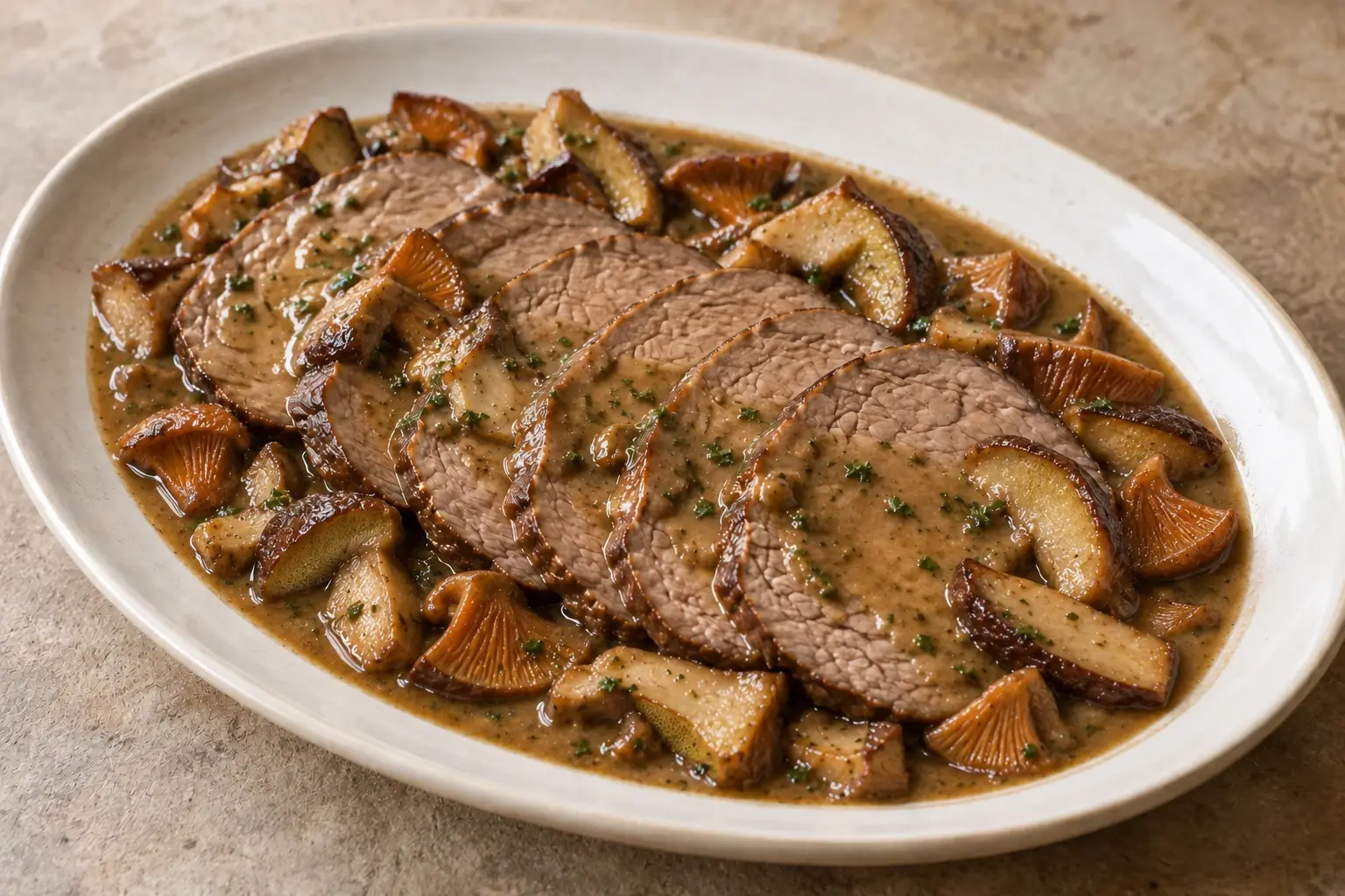 Rodó de vedella tallat a llesques fines amb salsa, ceps i rovellons saltats, en una safata de ceràmica.