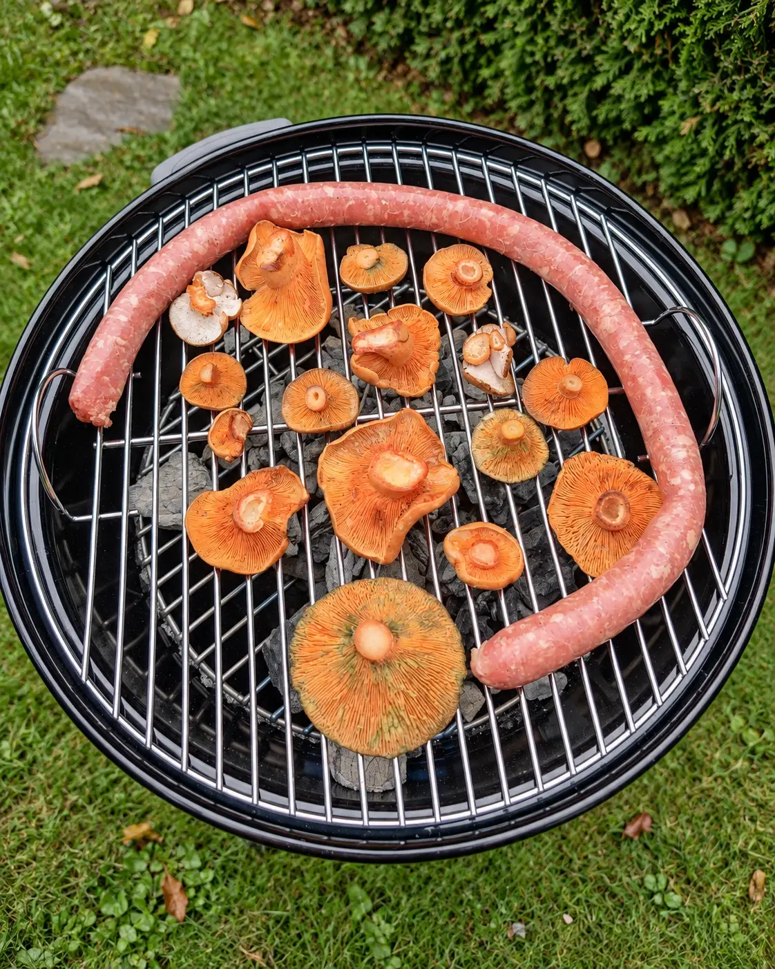 Rovellons amb les làmines cap amunt sobre la graella d’una barbacoa de carbó, al costat d’una botifarra sencera, en un jardí.