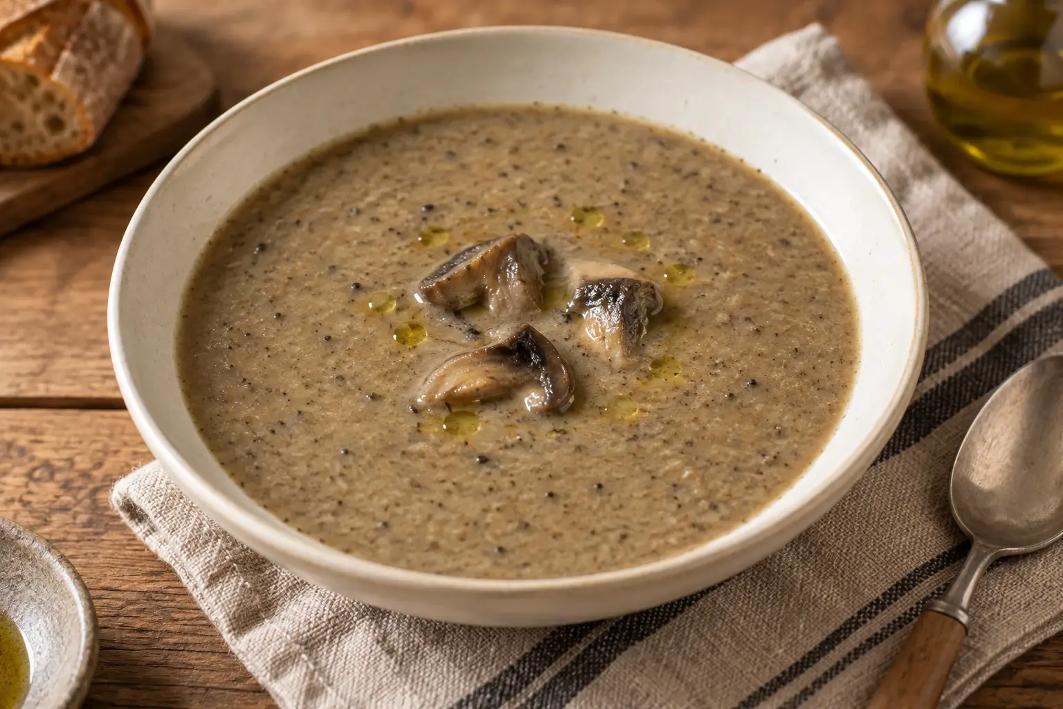Sopa de fredolics triturada i espessida amb pa, amb uns bolets saltats per sobre.