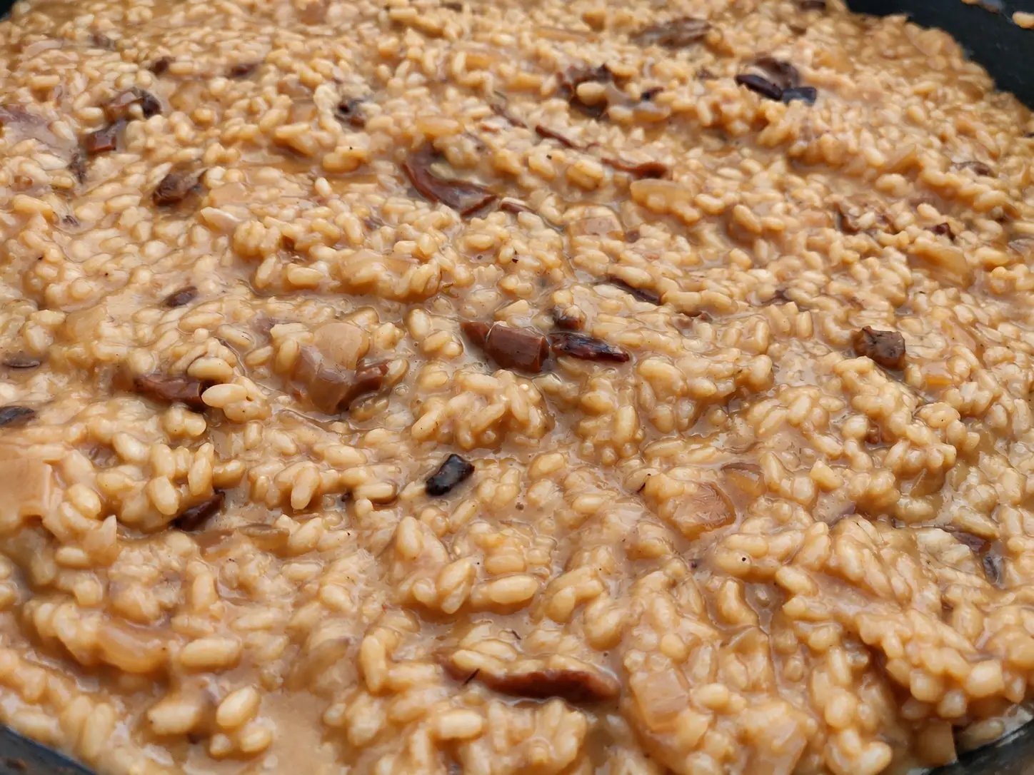Risotto de ceps vist de molt a prop: arròs melós de color daurat amb trossos de cep i de ceba.