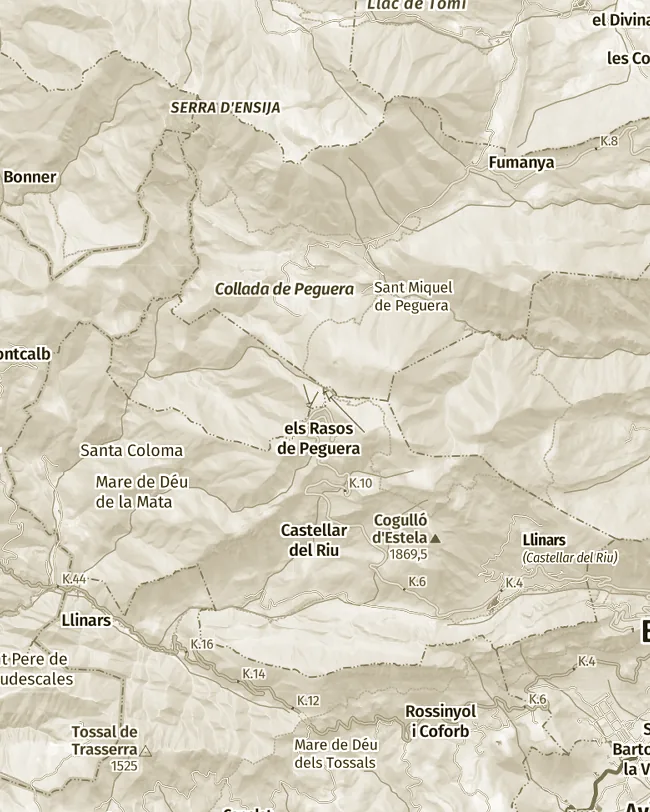 Mapa topogràfic de Rasos de Peguera, uns 11 km d’amplada