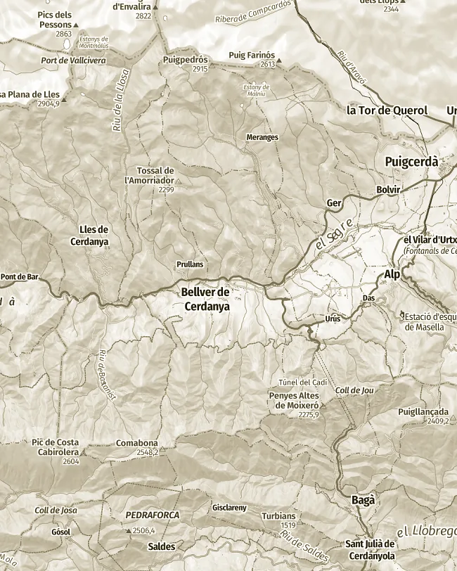 Mapa topogràfic de Cerdanya, uns 27 km d’amplada