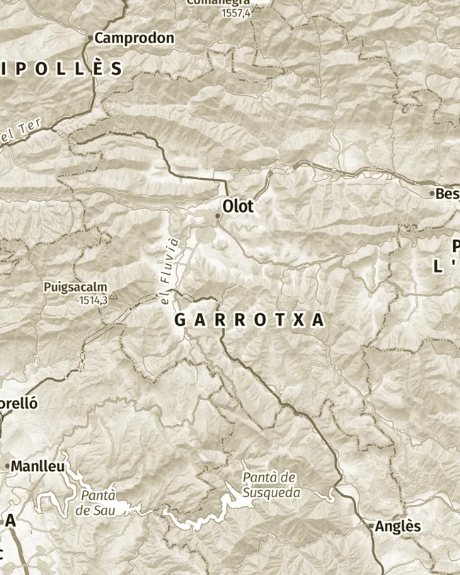 Mapa topogràfic de Garrotxa, uns 37 km d’amplada