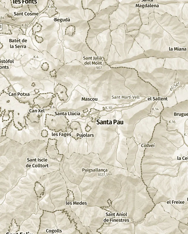 Mapa topogràfic de Santa Pau, uns 11 km d’amplada