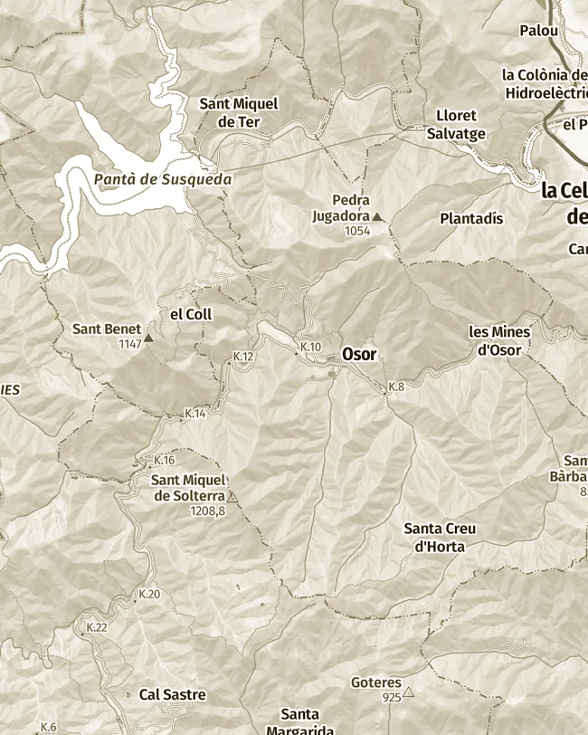 Mapa topogràfic de Osor, uns 11 km d’amplada