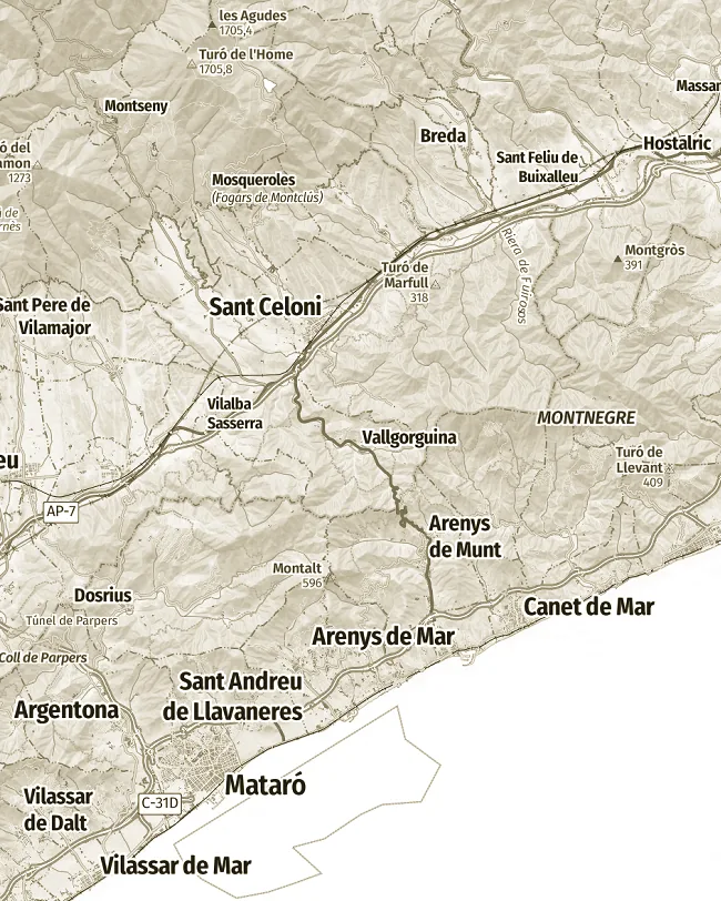 Mapa topogràfic de Montnegre i el Corredor, uns 27 km d’amplada