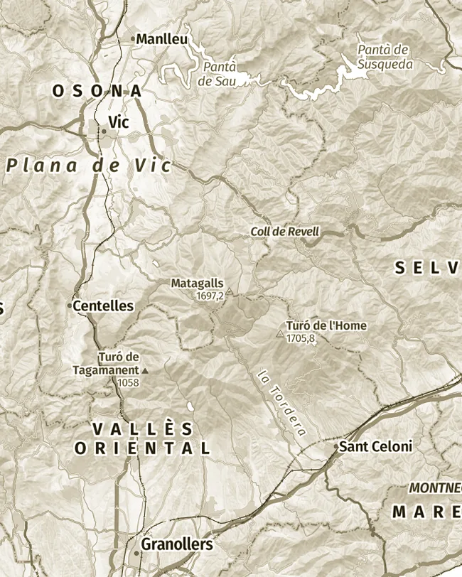 Mapa topogràfic de Montseny, uns 39 km d’amplada