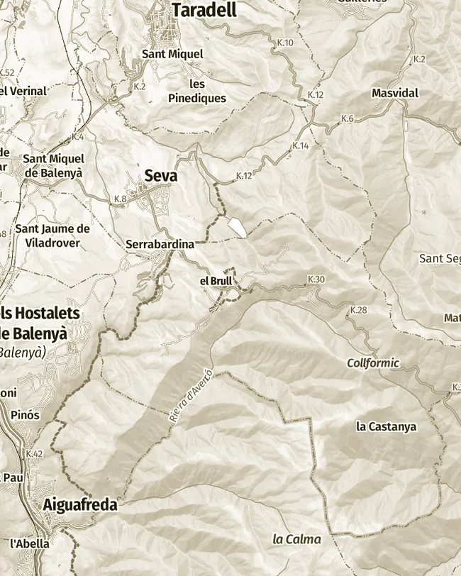 Mapa topogràfic de El Brull, uns 11 km d’amplada