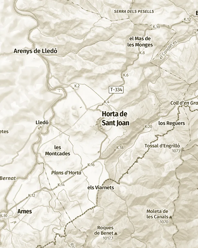 Mapa topogràfic de Horta de Sant Joan, uns 11 km d’amplada