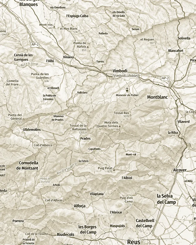 Mapa topogràfic de Muntanyes de Prades, uns 32 km d’amplada