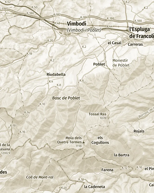 Mapa topogràfic de Bosc de Poblet, uns 11 km d’amplada