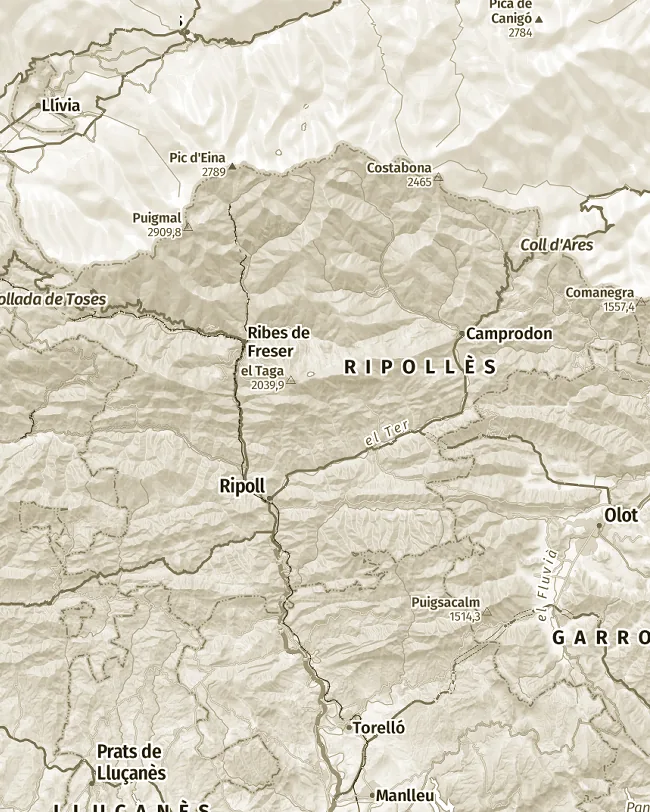 Mapa topogràfic de Ripollès, uns 49 km d’amplada