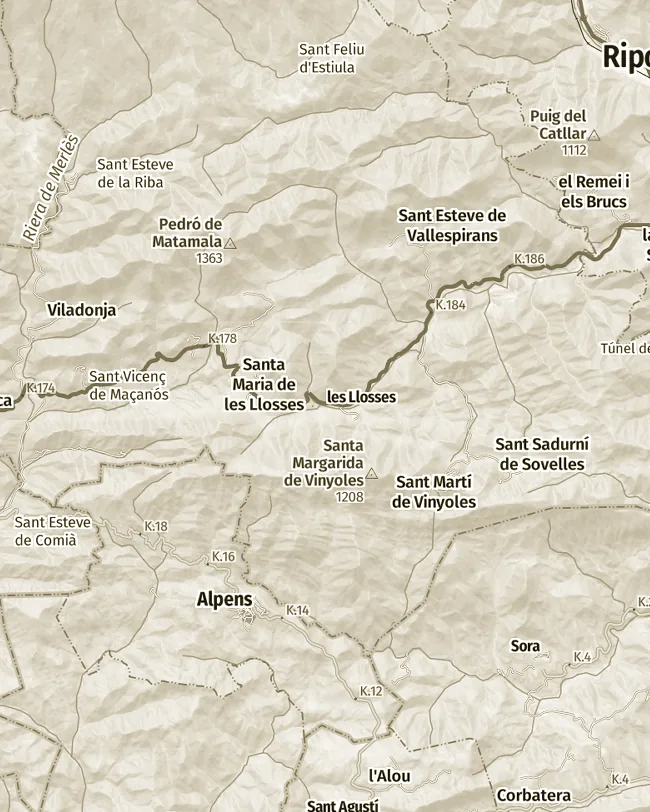 Mapa topogràfic de Les Lloses, uns 11 km d’amplada
