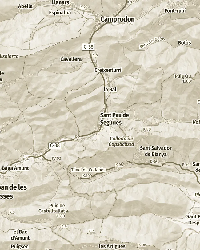 Mapa topogràfic de Sant Pau de Segúries, uns 11 km d’amplada